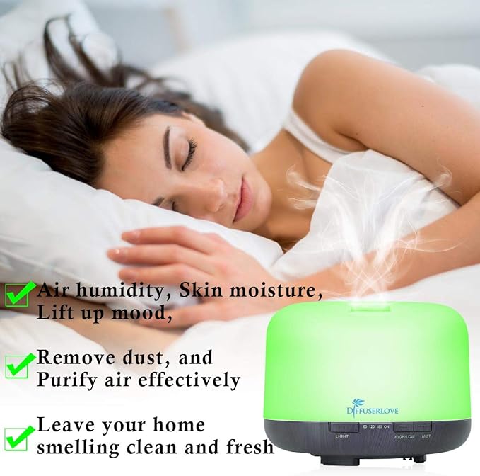 Diffuserlove Essential Oil Diffuser 500ML Aromatherapy Diffuser Mist Humidifiers 7 Color LED Lights Diffusers for Home Office Bedroom (Size:6.7" L x 6.7" W x 4.7" H)-Ruum Studio Home