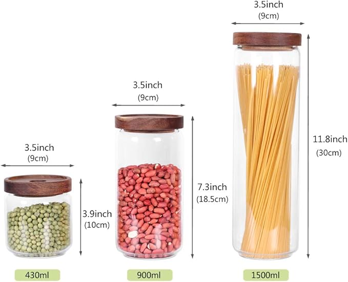 Glass Canisters Set of 5 for the kitchen, Glass Storage Container jars with Airtight Acacia Lid for Coffee Beans, Flour, Sugar, Rice and Spaghetti and etc-Ruum Studio Home