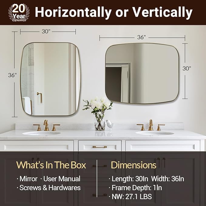 ANDY STAR 30x36” Gold Bathroom Mirror, Oblong Brass Mirror with Stainless Steel Metal Frame, Brushed Gold Oval Vanity Mirror for Over Sink, Modern Anti Rust Wall Mounted-Ruum Studio Home