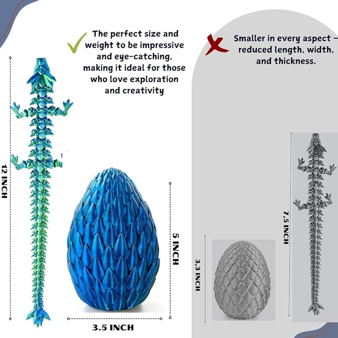 POIVOCF3D Printed 12” Articulated Crystal Dragon Inside 5.1” Egg – Fantasy Collectible, Fidget Toy & Stocking Easter Basket Stuffers for Home & Office Decor (Laser Blue)-Ruum Studio Home
