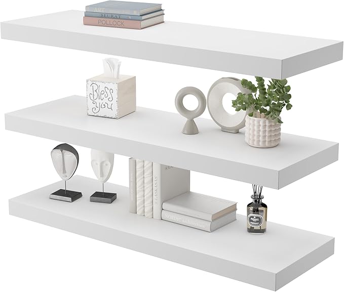 Large Floating Shelves for Wall Set of 3 Wooden Wall Shelves 24 in x 12.75 in x 2 in Room Decor Long Shelf with Invisible Wall Mount Bracket for Bedroom Kitchen Living Room White-Ruum Studio Home