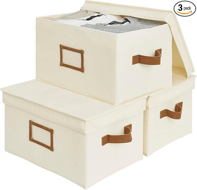 StorageWorks Large Storage Bins with Lids, Decorative Storage Boxes with Lid and PU Handles, Foldable Storage Baskets for Closet, Shelves, Stackable, Ivory, 3-Pack-Ruum Studio Home