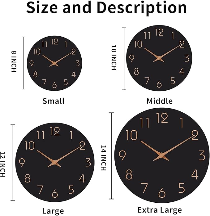 Mosewa Wall Clock 8 Inch Black Battery Operated Silent Non Ticking Simple Minimalist Rose Gold Numbers Decorative for Bedroom Living Room Kitchen Home Bathroom Office-Ruum Studio Home