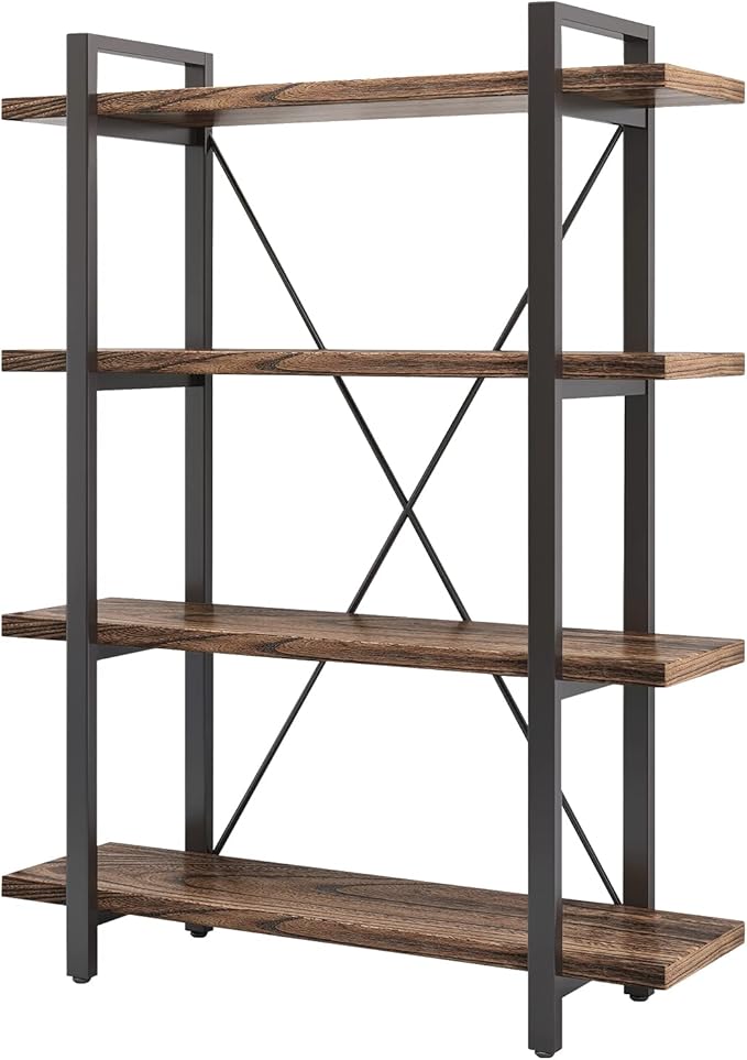 4 Tier Bookshelf Solid Wood Bookcase and Book Shelves Wood and Metal Shelving Rustic Open Bookshelf Office,Distressed Brown (AY-02-4Tier)-Ruum Studio Home