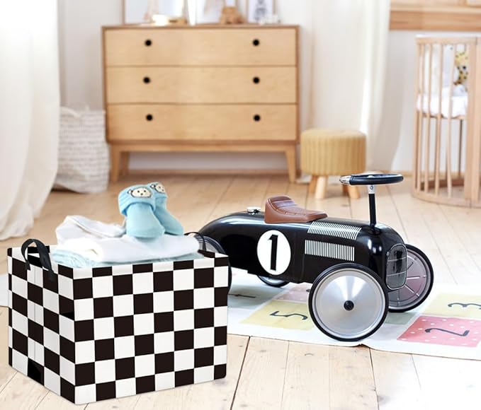 HIYAGON Rectangular Car Basket for Boys Checkered Basket Kids Baby Storage Bin Toy Organizer Box Car Room Decor(Racing Flag)-Ruum Studio Home