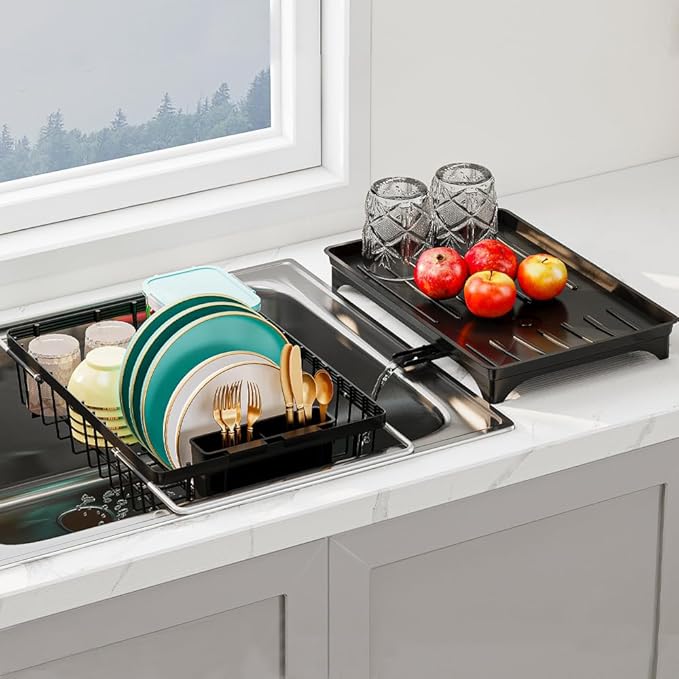 Expandable Dish Drying Rack in Sink, Adjustable Stainless Steel Rustproof Grip Handles Dish Rack Over The Sink, Dish Strainer with Drying Tray & Utensil Holder-Ruum Studio Home