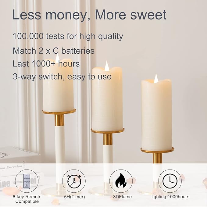 Flickering Flameless Candles with 3D Moving Flame Set of 3(H 5" 6" 7" x D 3"), Last 1000+ Hours Battery Operated Candles with Remote Timer, Ivory Real Wax Electric LED Pillar Candles-Ruum Studio Home