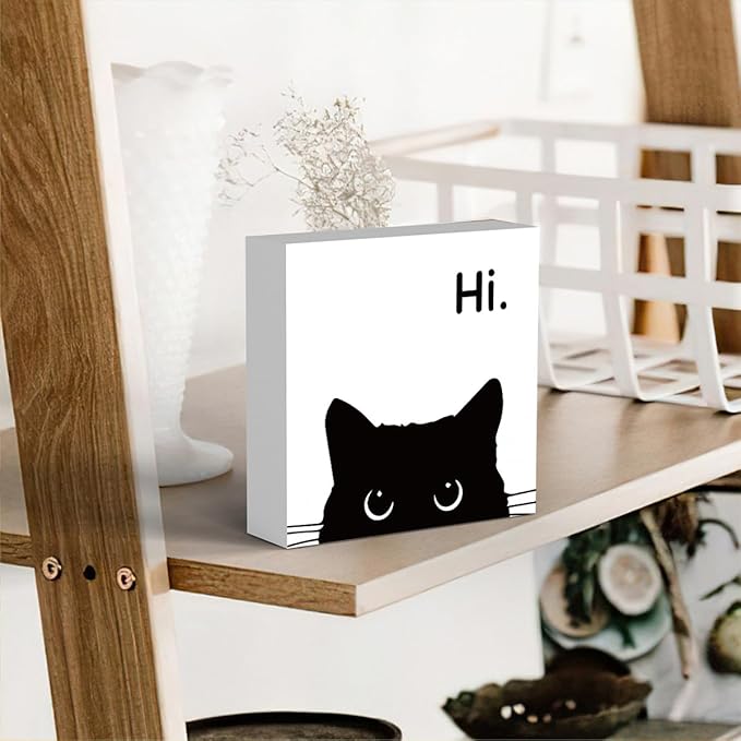 Black Cat Desk Decor, Office Decorations for Work, Cat Lover Gifts for Women, Cat Gifts for Girls, Cat Lover Gifts, Wooden Box Decor Sign for Home Farmhouse Living Room Bedroom Bathroom Classroom Gym-Ruum Studio Home