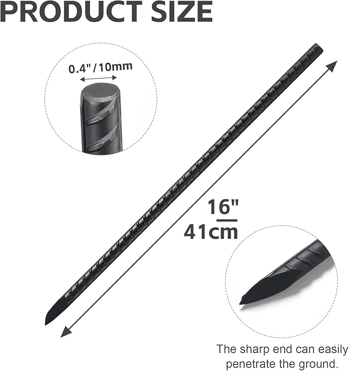 Rebar Stakes 16 Inch, 10 Pack Ground Stakes Heavy Duty with Chisel Point, Straight Metal Stakes for Concrete Form, Landscaping, Camping Tent or Timber, Black-Ruum Studio Home