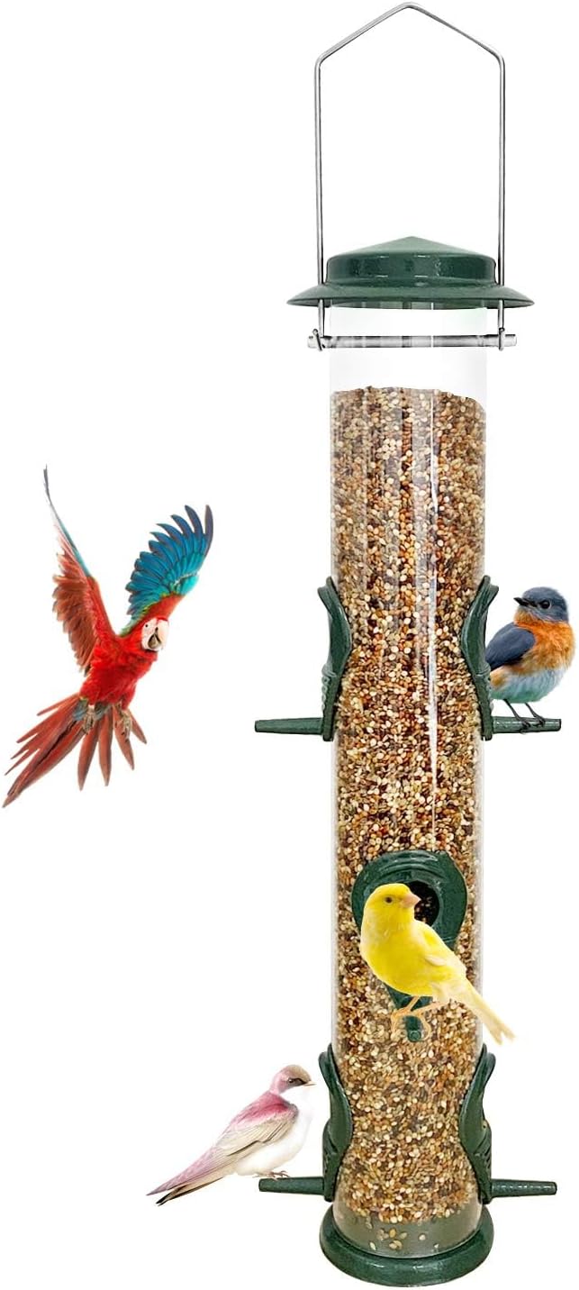 MIXXIDEA 1PK Metal Bird Feeders with 6 Feeding Ports,Tube Bird Feeder with Steel Hanger,Hard Plastic Wild Bird Feeder for Outdoors Hanging, Attracting Birds in Your Lawn, Garden, Balcony–Green-Ruum Studio Home