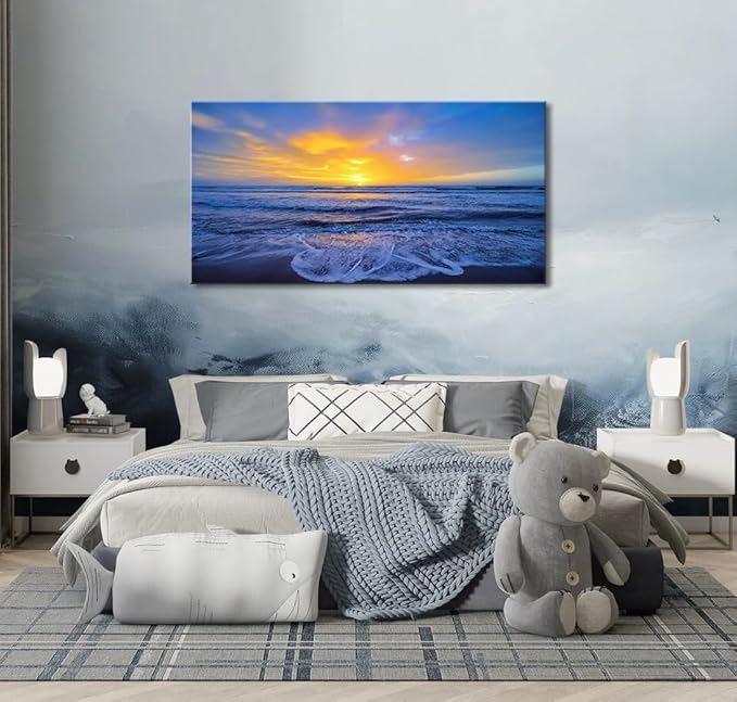 Wall Art Decor Large Sunset Canvas Print Picture Sunrise Ocean Beach Waves Scenery Modern Painting Artwork for Home Office Living Room Bedroom Decoration Framed Ready to Hang, 20x40Inch-Ruum Studio Home