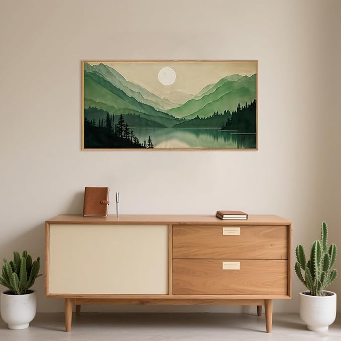 Celestdeco Watercolor Mountain Framed Canvas Wall Art Set, Boho Sun Forest Wall Decor, Green Scenery Wall Painting, Modern Woodland Artworks for Living Room, Bedroom, Dining Room, Office - 20" x40x1-Ruum Studio Home