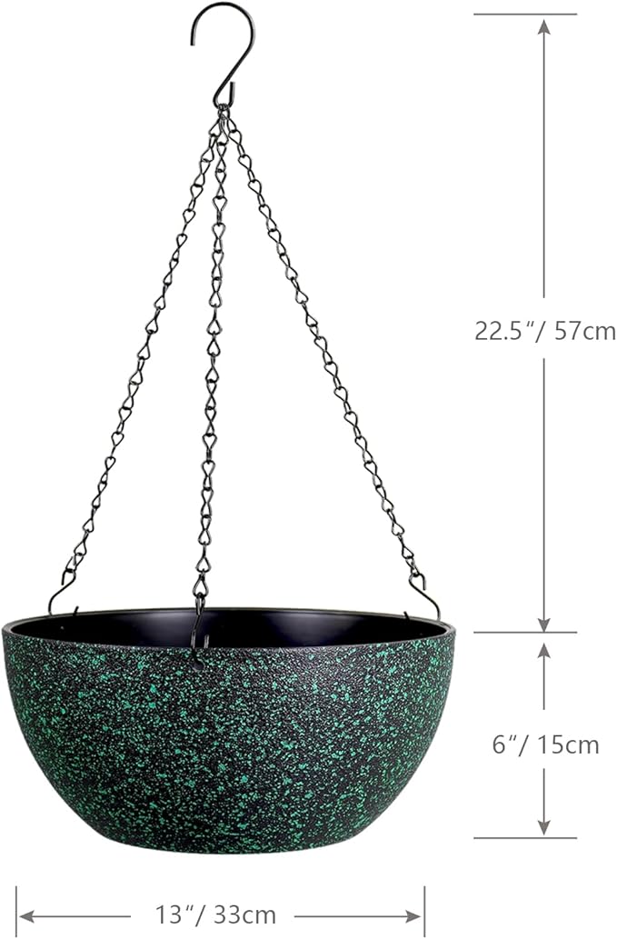13inch Large Hanging Planters Pots for Outdoor Indoor Plants with Drainage Holes and Chain, 2pack Round Hanging Flower Pots for Garden Home Porch Decor, Black with Green Speckles-Ruum Studio Home