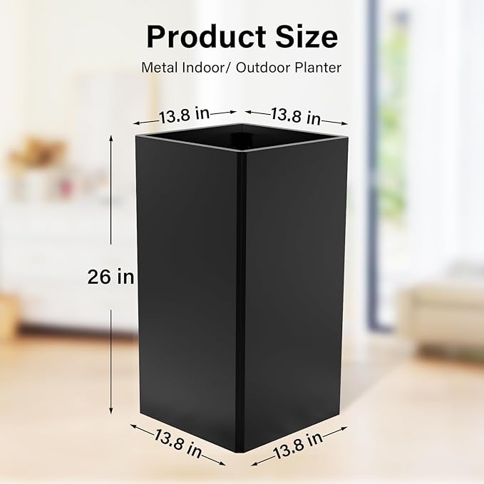 Tall Planters 26 Inch Square Metal Plant Pot with Removable Insert Shelf and Drainage-Modern Tall Black Planters for Indoor & Outdoor-Front Porch,Patio,Garden (14" L X 26" H)-Ruum Studio Home