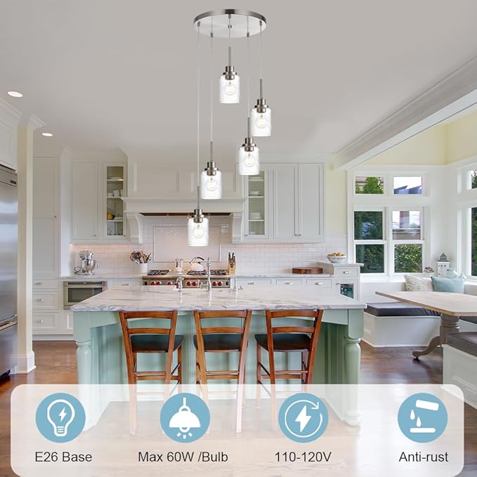 5 Light Farmhouse Pendant Lighting for Kitchen Island,Brushed Nickel Dining Room Cluster Pendant Light Fixtures Hanging Ceiling with Seeded Glass,Modern Pendant Light for Entrance Stairwell-Ruum Studio Home