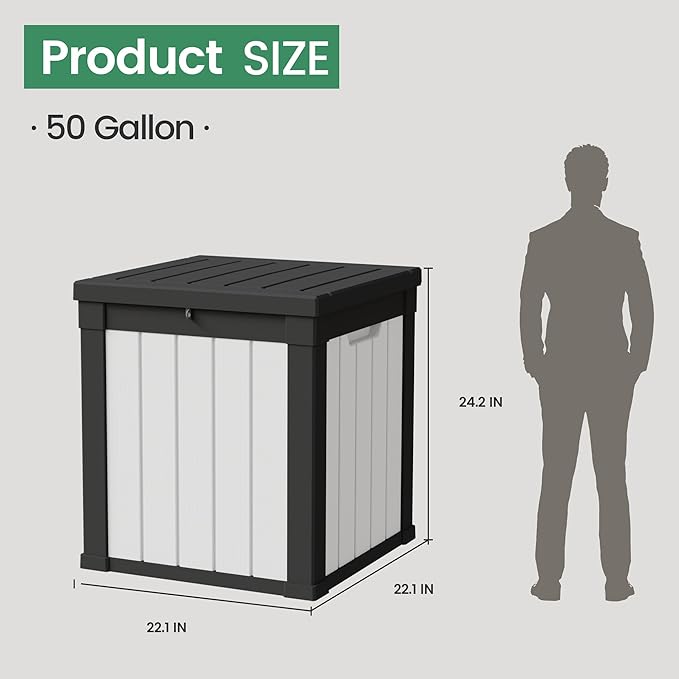 50 Gallon Storage Box, Waterproof Deck Box for Indoor & Outdoor Use, Lockable Pool Storage Bin for Package Delivery, Outdoor Bench for Patio Cushions, Garden Tools, Backyard, Black & White-Ruum Studio Home