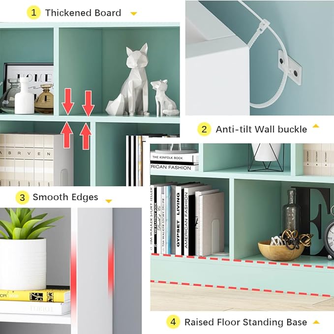 IOTXY Open Shelf Low Bookcase - Wooden 3-Tier Floor Standing Display Cabinet Organizer with Base, 10 Cubes Short Horizontal Bookshelf in Tiffany-Green-Ruum Studio Home