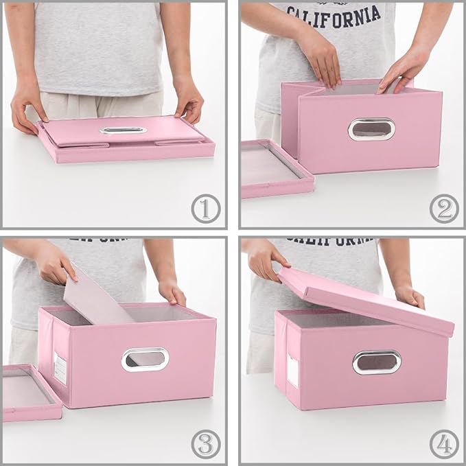 PRANDOM Collapsible Storage Box with Lid [3-Pack] Leather Fabric Foldable Storage Bin Organizer Container Basket Cube with Cover for Home Bedroom Closet Office Nursery Pink(13.6x9.6x6.9)-Ruum Studio Home
