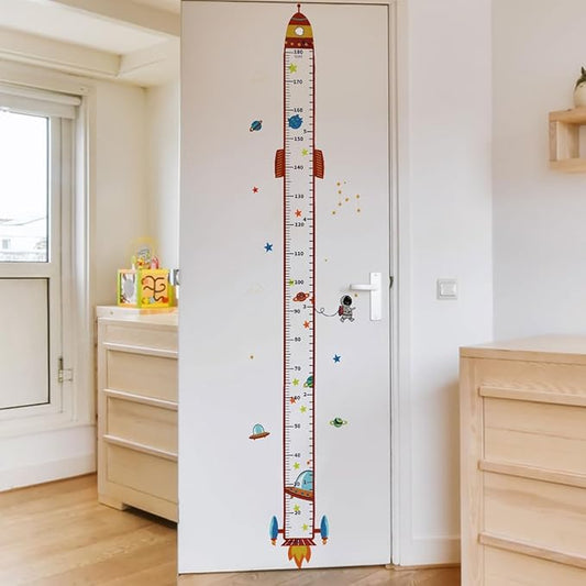 Rocket Self-adheve Vinyl Nursery Wall Decal Baby Growth Chart Sticker for Bedroom Play Room Peel and Stick Kindergarten Height Measure Mural-Ruum Studio Home