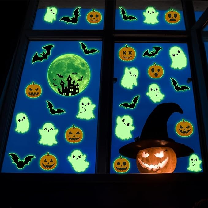 3 Sheets Glow in The Dark Halloween Window Clings Luminous Halloween Window Stickers Pumpkin Ghost Wall Decor Glowing Window Clings for Scary Halloween Theme Party Decorations-Ruum Studio Home
