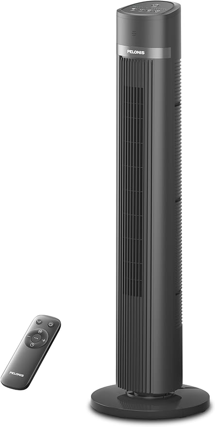 PELONIS 40 inch Bladeless Tower Fan for Bedroom, Standing Fan with Remote Control, 26ft/s, 90° Oscillation, 3 Speed Settings, 27 Db, 3 Modes, 15-Hour Timer, LED Display, Fan that Blows Cold Air, Grey-Ruum Studio Home