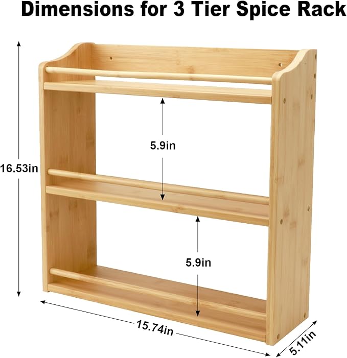 3 Tier Bamboo Spice Rack, Spice Rack Organizer, Seasoning Jars Rack Shelf Spice Organizer for Kitchen Counter or Wall Mounting, Bamboo Spice Storage Holder-Ruum Studio Home