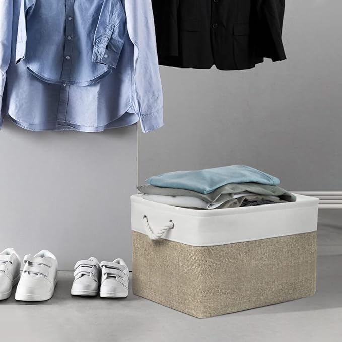 Organization and Storage Bins for Shelves - 17X15X12 inch 2 Pack Fabric Storage Cubes Collapsible Baskets for Organizing with Rope, Storage Box for Cloth Decorative (White&Khaki)-Ruum Studio Home