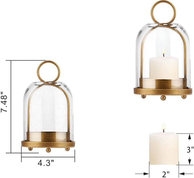7.5" High Versatile Modern Metal Hurricane Lantern with Handmade Sturdy Glass Dome for 2" Pillar Candle & Plants (Brass, 4" x7.5)-Ruum Studio Home