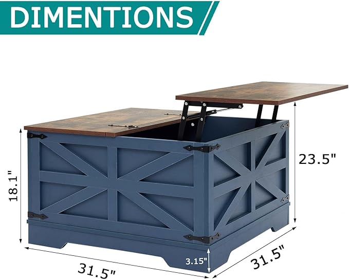 Blue Coffee Table with Storage, Cocktail Table with Hinged Lift Top, Farmhouse Square Wood Center Table with Large Hidden Storage Compartment for Living Room, Square Coffee Table, Metal Edges Decor-Ruum Studio Home