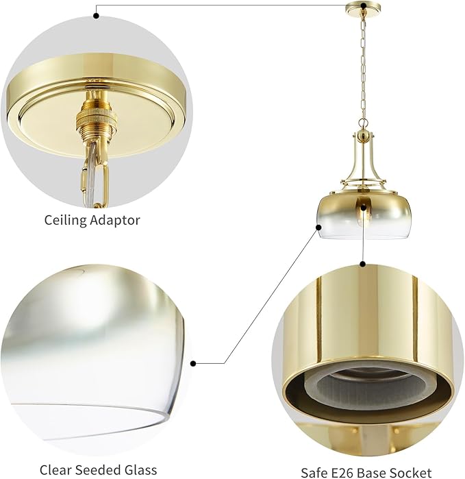 WUZUPS Gold Chandelier Rustic Farmhouse Industrial Round Ceiling Pendant LED Light Fixture with Gradient Glass Shade for Dining Room Kitchen Island Foyer Entryway, H 17" W 13.4", E26 Base-Ruum Studio Home