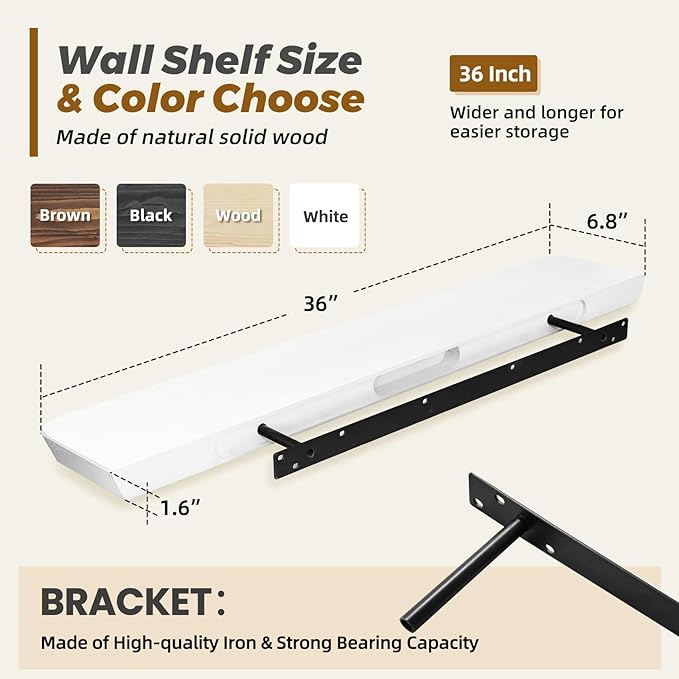 36"x6.8"x1.6" Slanted Floating Wall Shelves 2-Pack - Rustic White Finish, Heavy-Duty Solid Wood Design with Hidden Brackets - Perfect for Living Room, Kitchen, Bathroom, or Office-Ruum Studio Home