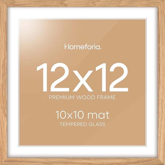 Homeforia 12x12 Light Wood Frame, High End Natural Oak 12 x 12 Square Picture Frames with Mat 10 by 10 inch Photo, 12by12 Wooden Poster Frames Matted to 10x10 Print, Tempered Glass, Wall Kit, Set of 1-Ruum Studio Home