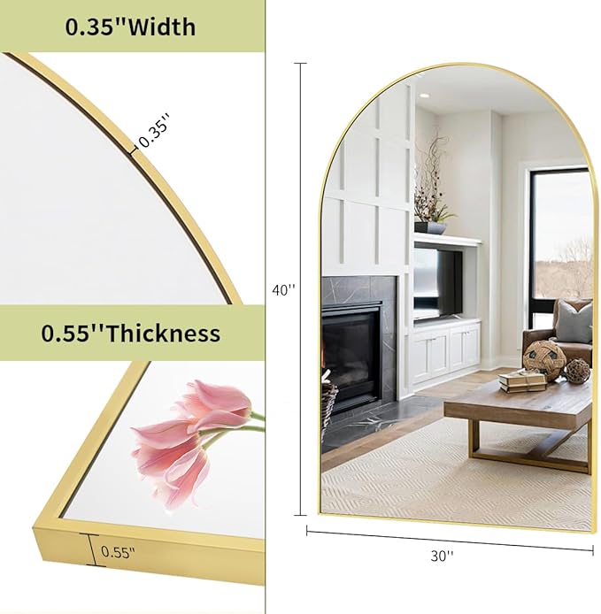 BEAUTYPEAK 30"x40" Arch Bathroom Mirror, Wall Mounted Vanity Metal Frame Mirror for Bedroom, Entryway, Living Room, Gold-Ruum Studio Home