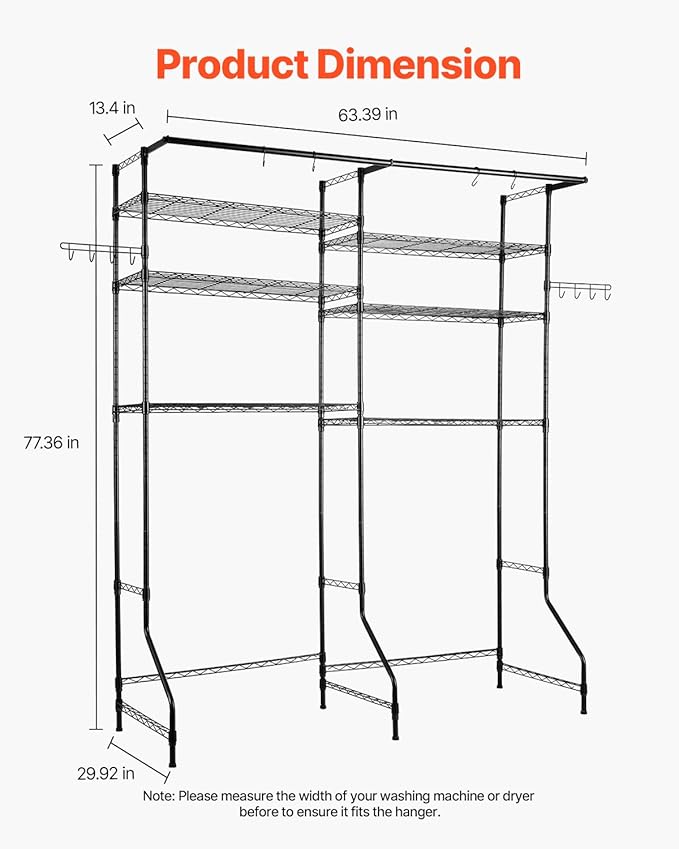 VEVOR Over The Washer and Dryer Storage Shelf, 6 Tier Laundry Room Drying Rack with Hanger Rod and Hooks, Adjustable Over Washer and Dryer Shelves, Laundry Room Shelf Storage Space Saver, Black-Ruum Studio Home