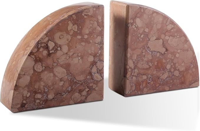 Marble Bookend for Shelves, Non-Skid Bookends for Heavy Books, Heavy Duty Book Stopper for CDs, Luxury Book Shelf Holder, Quarter Circle Design Book Ends Decorative, Perlino Rosato, Set of 2-Ruum Studio Home