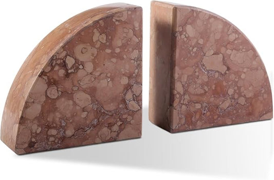 Marble Bookend for Shelves, Non-Skid Bookends for Heavy Books, Heavy Duty Book Stopper for CDs, Luxury Book Shelf Holder, Quarter Circle Design Book Ends Decorative, Perlino Rosato, Set of 2-Ruum Studio Home