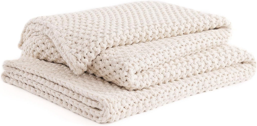 YnM Chunky Cotton Knit Throw Blanket, Cable Knit Throws for Bed Couch Sofa, Comfy & Relaxing, Decorative Piece for Farmhouse Modern Boho Rustic Scandinavian Chic Vibe, Cream White 40x50 Inches-Ruum Studio Home