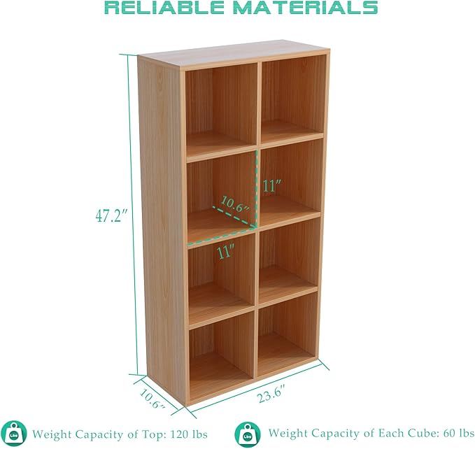8-Cube Storage Shelf Bookcase - Wooden 4-Tier Floor Standing Open Bookshelf for Home and Office, Display Cabinet, Oak-Ruum Studio Home