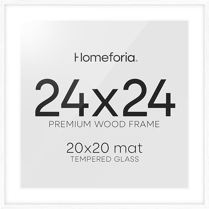 Homeforia 24x24 White Picture Frame, High End Oak 24 x 24 Square Wood Frames with Mat 20 by 20 inches Photo, 24by24 White Wooden Poster Frames Matted to 20x20 Print, Tempered Glass, Wall Kit, Set of 1-Ruum Studio Home
