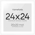 Homeforia 24x24 White Picture Frame, High End Oak 24 x 24 Square Wood Frames with Mat 20 by 20 inches Photo, 24by24 White Wooden Poster Frames Matted to 20x20 Print, Tempered Glass, Wall Kit, Set of 1-Ruum Studio Home