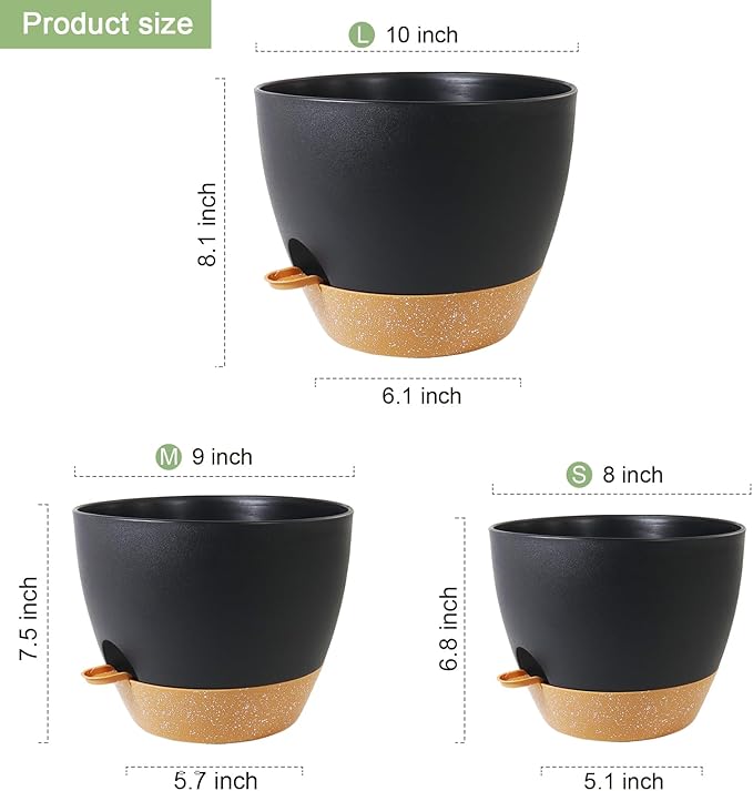 10/9/8 inch Medium Self Watering Pots, Planter, Plant Pots with Mesh Drainage Holes for Indoor Outdoor Garden Plants, Plastic Flower Pots with Removable Deep Reservoir, Black with Brown-Ruum Studio Home