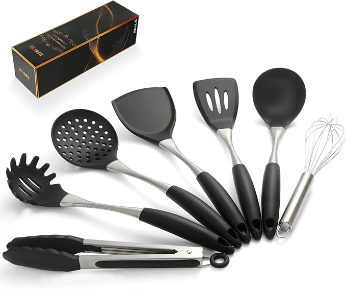 Premium Black Silicone Cooking Utensils Set - Non-Toxic, Heat Resistant& Non-Stick Kitchen Utensils Set with Spatula, Spoon, Whisk, Tongs, BPA Free, Dishwasher Safe, Black-Ruum Studio Home
