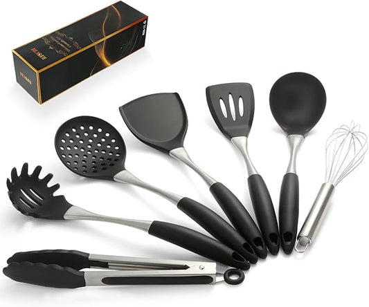 Premium Black Silicone Cooking Utensils Set - Non-Toxic, Heat Resistant& Non-Stick Kitchen Utensils Set with Spatula, Spoon, Whisk, Tongs, BPA Free, Dishwasher Safe, Black-Ruum Studio Home
