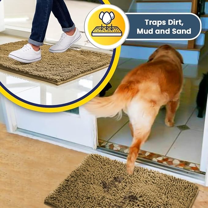 Muddy Mat® 4-Piece Beige Medium 30"X19" AS-SEEN-ON-TV Highly Absorbent Microfiber Door Mat, Bath Mat and Pet Rug, Non slip Thick Washable, Soft Chenille for Kitchen Bathroom Bedroom Indoor and Outdoor-Ruum Studio Home