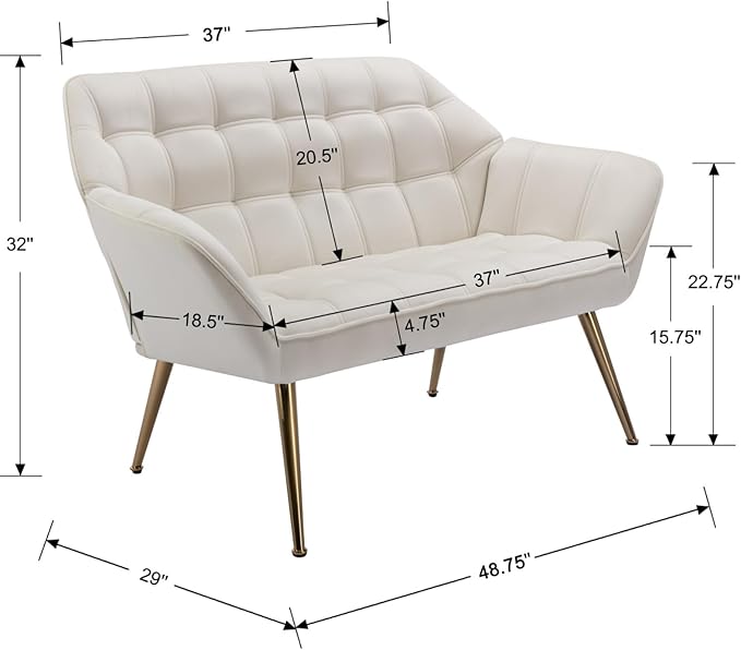 48”Small Loveseat Sofa, Modern Velvet Upholstered Mini Couch 2-Seater Fluffy Love Seat with Quilting Backs and Metal Legs for Small Space Living Room, Bedroom, Beige-Ruum Studio Home