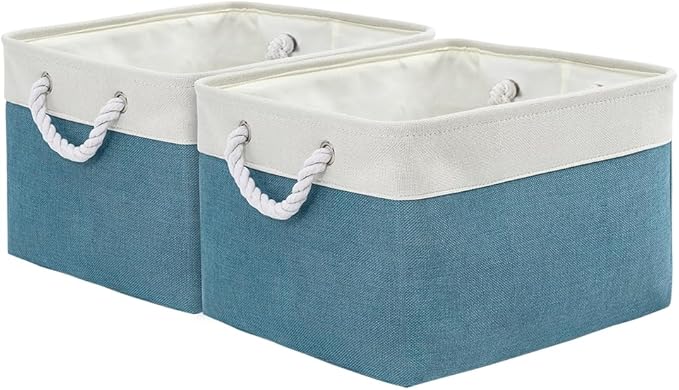 Storage Basket for Organizing - 17X15X12 inch 2 Pack Canvas Storage Bin for Shelves, Fabric Storage Cubes for Cloth Decorative Books Nursery (White & Green)-Ruum Studio Home
