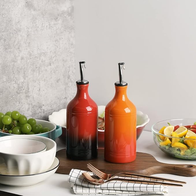Sweejar Ceramic Olive Oil Dispenser Bottle, Opaque Oil Cruet Protects Oil to Reduce Oxidation, Suitable for Oil, Vinegar, Coffee Syrups & Other Liquids, Pack of 1, 15.5 Fl Oz (Gradient Red)-Ruum Studio Home
