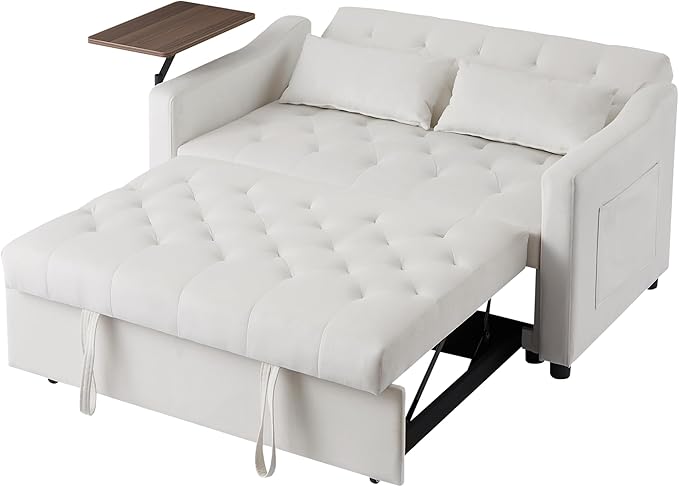 3-in-1 Convertible Sleeper Sofa Bed, Pullout Couch with 360° Swivel Side Table, Modern Chenille Fabric, Easy to Assemble, Folding Loveseat Sofa Bed for Living Room & Guest Room-Ruum Studio Home