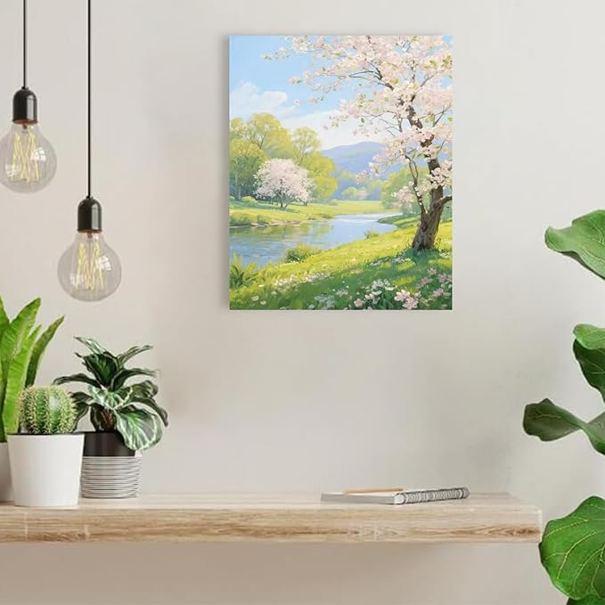 The scenery of a stream between trees and cherry blossoms under the blue sky is suitable for posting in the living room bedroom office landscape posters-Ruum Studio Home