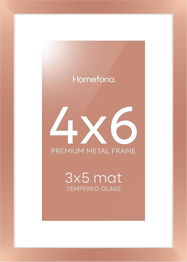 Homeforia Rose Gold 4x6 Picture Frame, High End Metal 4 x 6 Frames with Mat 3 x 5 for Print, 4by6 Desk Frame Matted to 3x5 inch Photo, 4 by 6 Wall or Tabletop Frame, Tempered Glass, Wall Kit, Set of 1-Ruum Studio Home